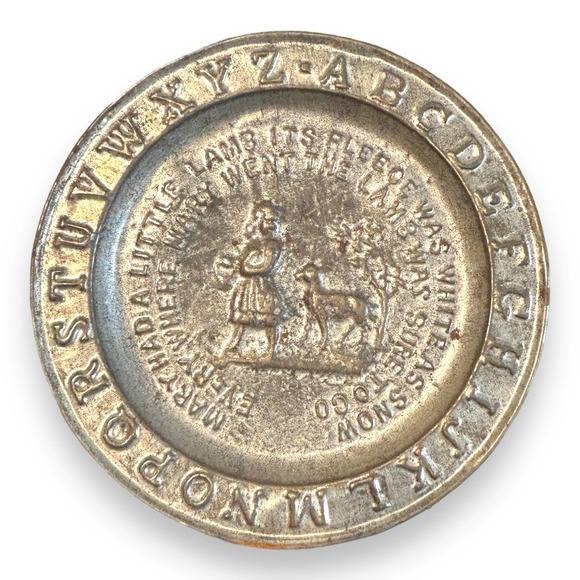 Antique 1800s‎ Children's Tin Alphabet Plate Mary Had a Little Lamb - Picture 1 of 3